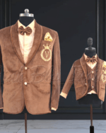 Father son brown velvet coordinated suit combo by Pink Blue India