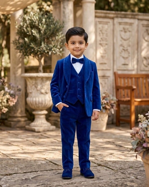 Kids boy royal blue luxurious 5 piece prince suit with bow tie for wedding birthday party gift