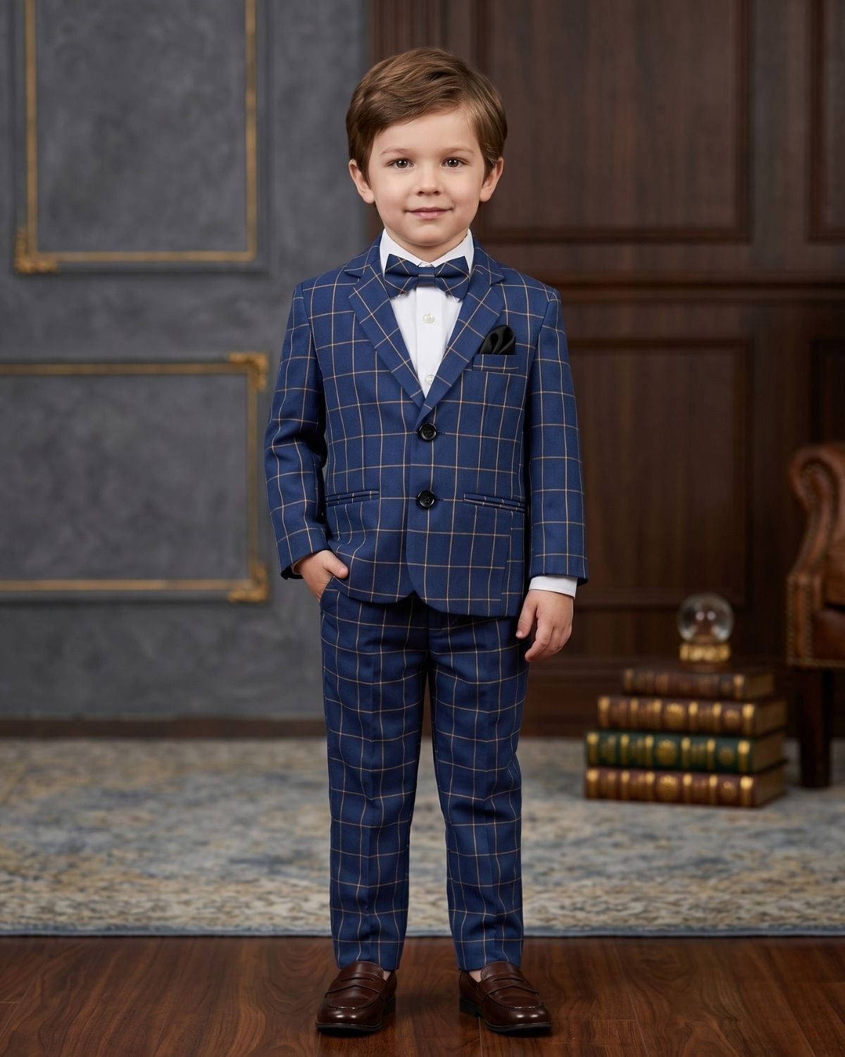 Kids boy navy blue checked 3 piece suit with bow tie for wedding stylish formal party celebration