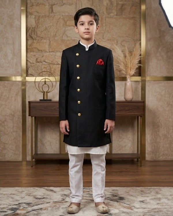 Toddler boy black achkan with white pants for Indian wedding royal ethnic family function gift