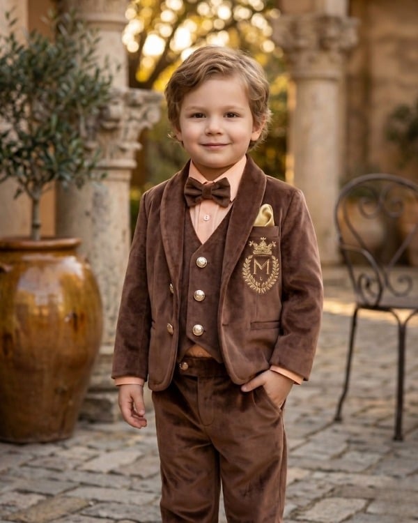 Toddler boy brown velvet 5 piece suit with bow tie for wedding vintage formal party kids outfit