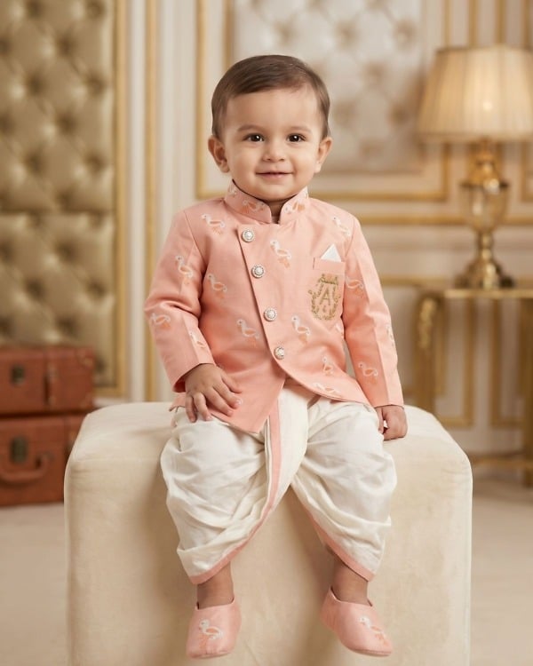 Baby boy peach kurta white pajama set, elegant ethnic wear for wedding & festive functions