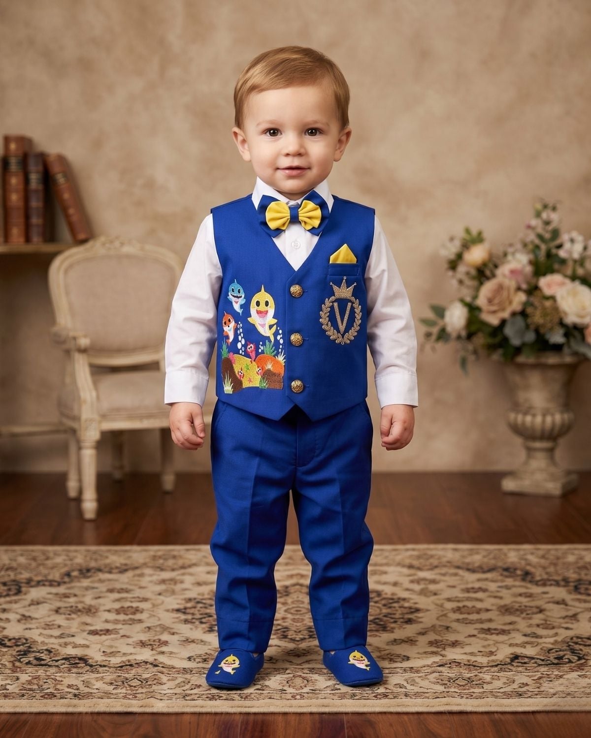 Baby boy royal blue Baby Shark theme waistcoat suit for first birthday party celebration gift