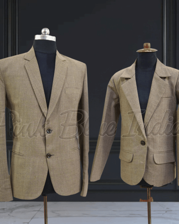Father son beige coat blazer coordinated outfit for occasions by Pink Blue India