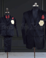 Father son black velvet formal suit set with waistcoat