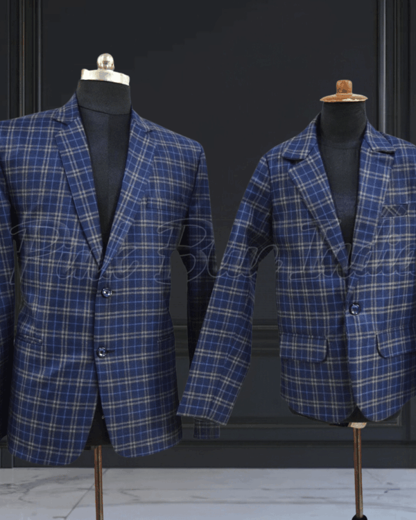 Father son blue check blazer combo stylish coordinated look by Pink Blue India