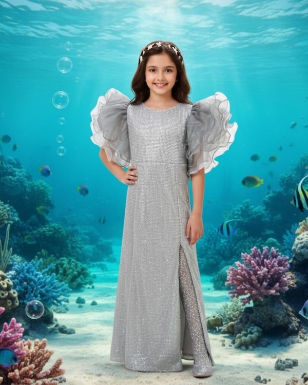 Mermaid theme girls dress frock, underwater birthday party gown for kids