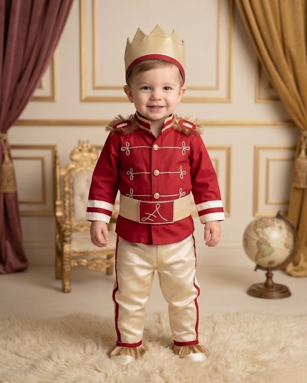 Personalised prince charming first birthday costume for baby boys, a regal custom-name cake-smash photoshoot fit