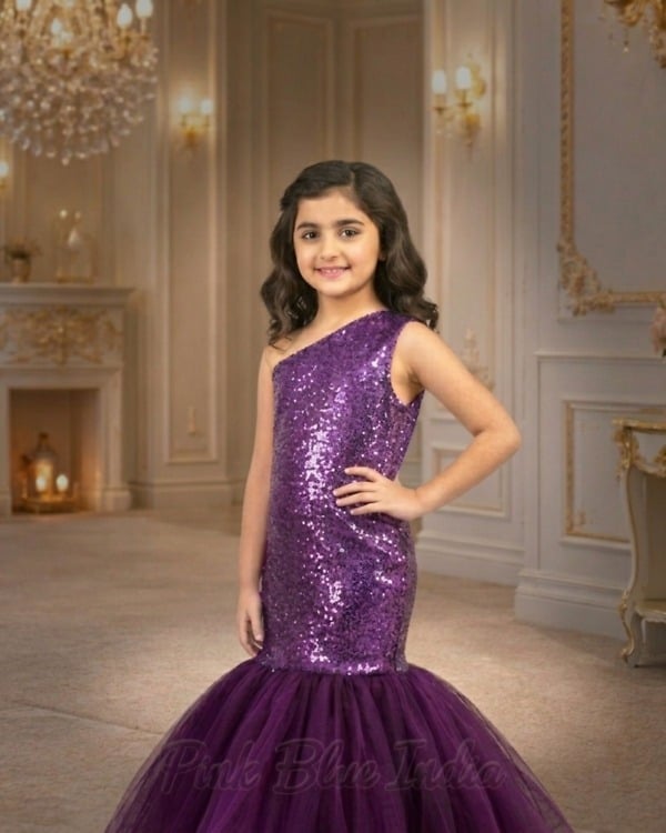 Purple girls dress frock, designer birthday party gown for kids, stylish outfit