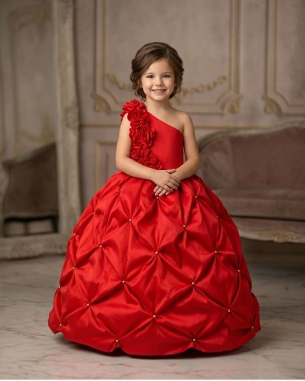 Girls red net frock gown princess style birthday party wedding cute festive occasion dress