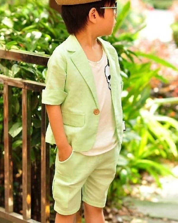 Green linen blazer and pant set for boys, stylish festive outfit