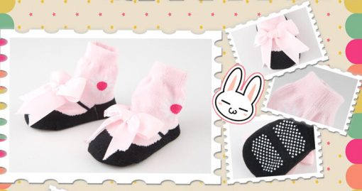 Mary Jane Pink Anti Skid Socks for Newborn with Bows