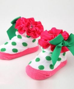 White Anti Skid Socks with Green Dots and Deep Pink Frills