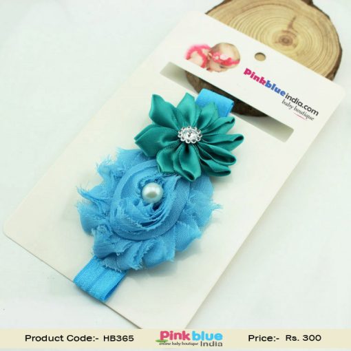 Cute Baby Hair Band in Sky Blue and Teal Flowers