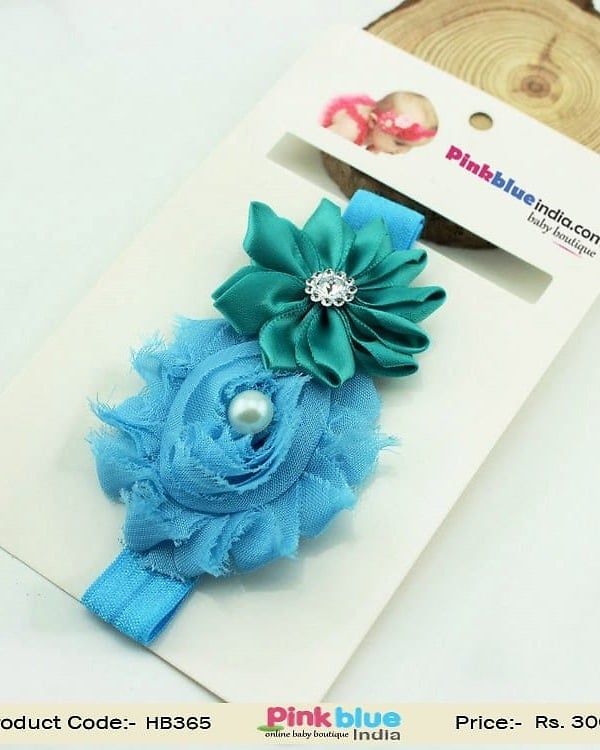 Cute Baby Hair Band in Sky Blue and Teal Flowers