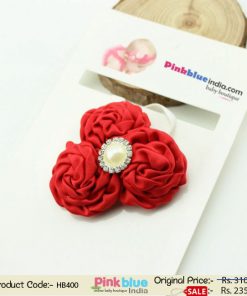 Gorgeous Red Infant Hair Band with Three Flowers and Pearl