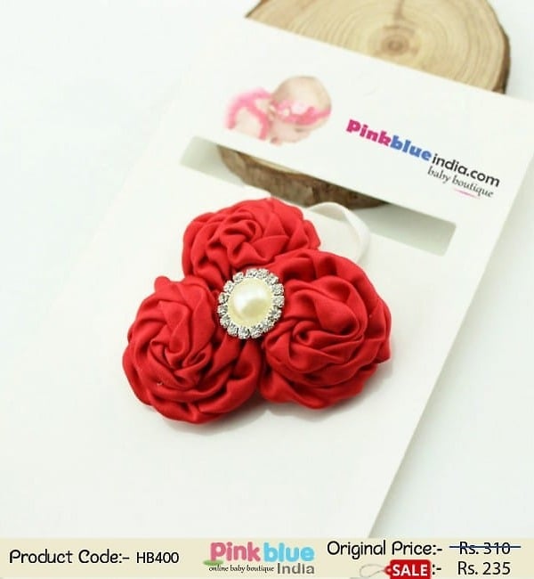 Gorgeous Red Infant Hair Band with Three Flowers and Pearl