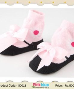 Mary Jane Pink Anti Skid Socks for Newborn with Bows