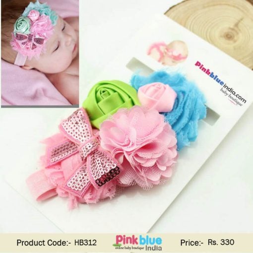 Soft Stretchable Pink Baby Girl Headband with Flowers
