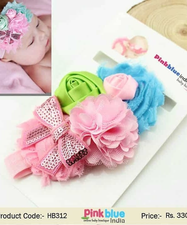 Soft Stretchable Pink Baby Girl Headband with Flowers