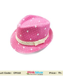 Pink Jazz Hat with White Hearts and Dots