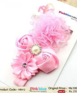 Princess Pink Toddler Hair Band with Frill Lace and Satin Flowers