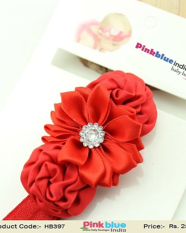 Ravishing Red Toddler Hair Band with Satin Flowers