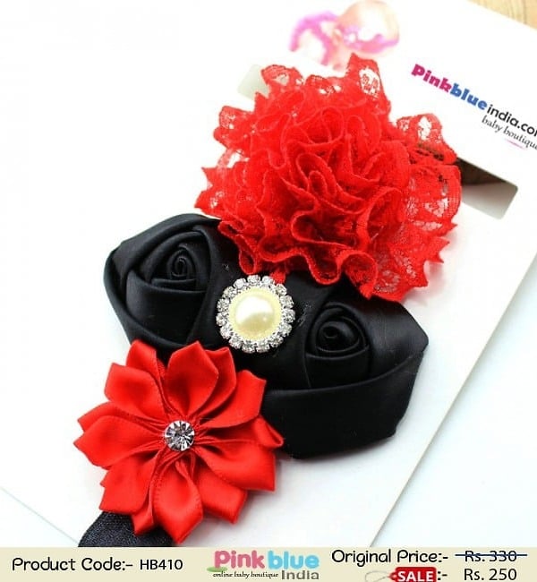 Glamorous Red and Black Infant Flower Headband for Indian Girls