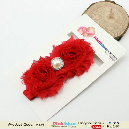 Buy Online Red Color Hair Band for Infants with Flowers