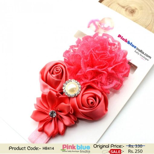 Exquisite Salmon Flower Baby Headband With Frills and Pearl