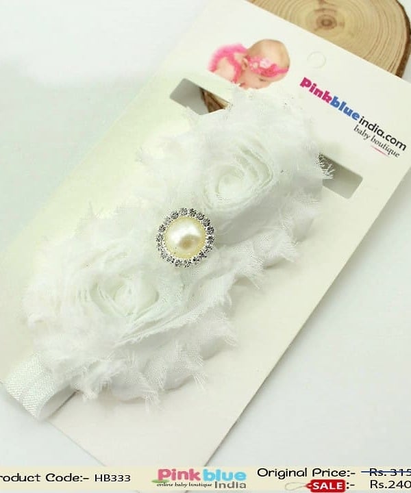 Stretchable White Baby Girl Headband with a Pearl Embellishment