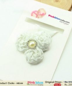 Tri Flowers White Baby Girl Headband with an Embellishment