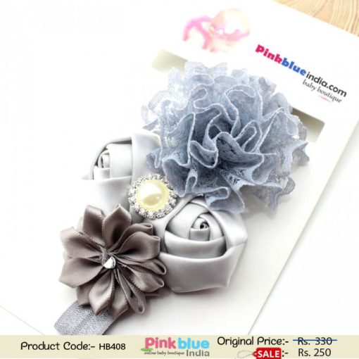 Up Town Grey Infant Hair Band with Frills and Flowers in India