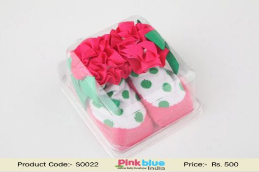 White Anti Skid Socks with Green Dots and Deep Pink Frills