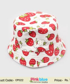 White Sun Hats for Indian Kids With Strawberry Print