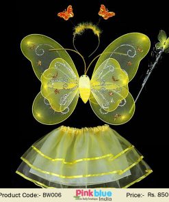 Kids Yellow Fairy Costume with Wand, Butterfly Wings and Baby Headband
