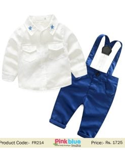 1st Birthday Clothes Set, Royal Blue white Y- Back Suspender Toddler Boys Dress