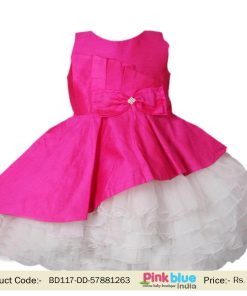 Pink and White Baby Girl 1st Birthday Princess Dupion Layered Bow Dress