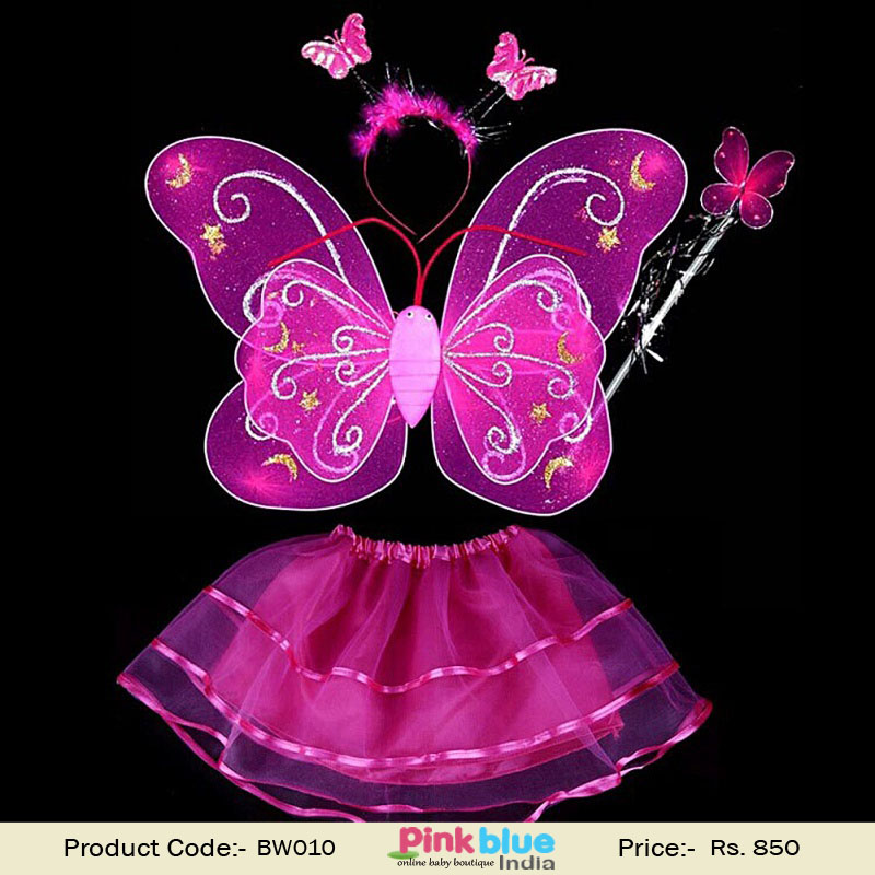 4 Piece Butterfly Wings, Magic Wand and Fairy Costume Set for Baby Girls