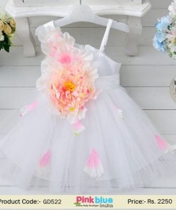 White 3D Flower Girl Partywear Dress – Baby Knee Length Wedding Frock