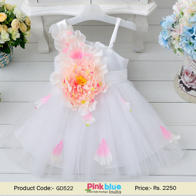 White 3D Flower Girl Partywear Dress – Baby Knee Length Wedding Frock