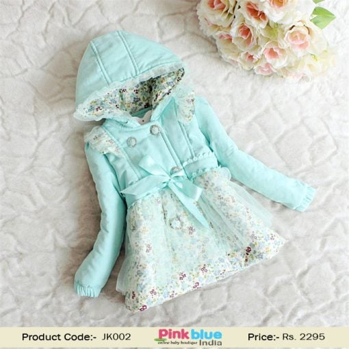 Toddler baby Girl Hooded Winter Jacket, Aqua kids outerwear coat Online India