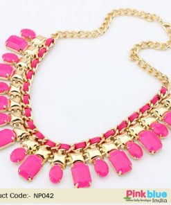 Attractive Pink Beads Necklace Set for Women with Golden Motif Arrangement