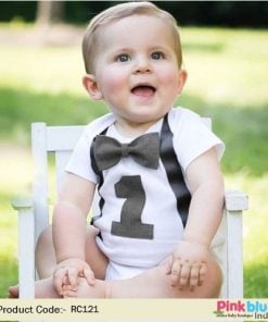 Baby Boy 1st Birthday Bodysuit - Newborn Boy Suspenders Bowtie Outfit Romper
