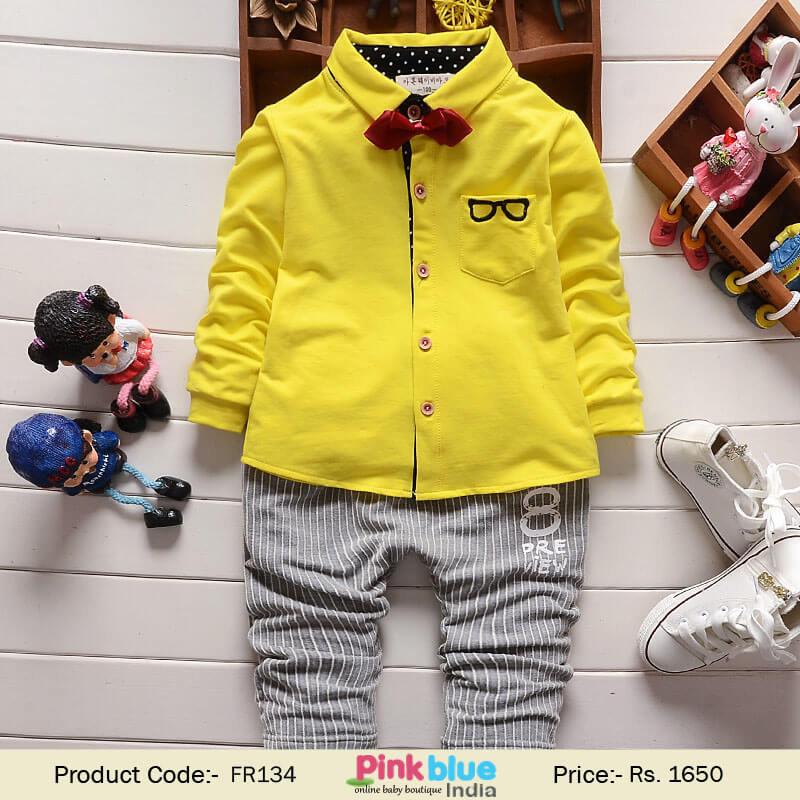 Baby Boys Birthday Formal Outfit Set With Yellow Bow Tie Shirt & Trousers