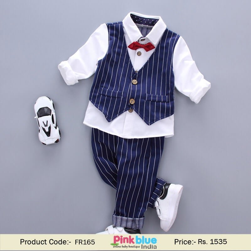 Children Formal Party Wedding Suit Baby Boy Blue Bowtie Waistcoat Outfit