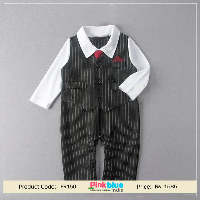 Black One Piece Formal Wedding Tuxedo Romper Outfit Suit Baby Boy