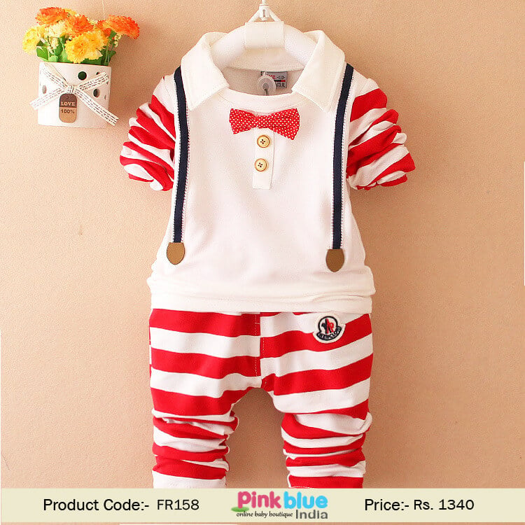 Baby Boy Red and White Striped Birthday Suspenders and Bow Tie Outfit