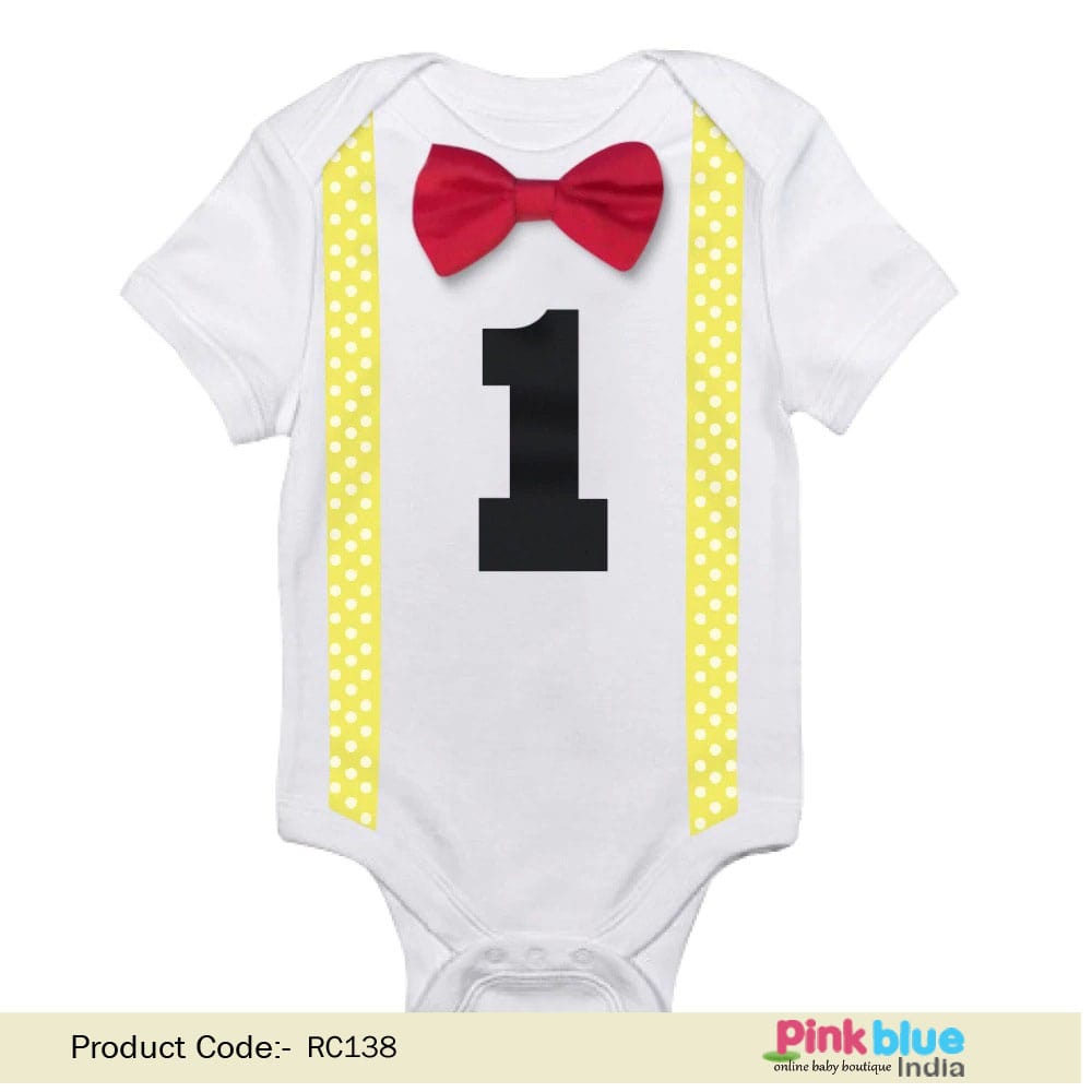 First Birthday Outfit, Baby Boy Suspender Style Romper, Red Bowtie, 1st birthday Clothes