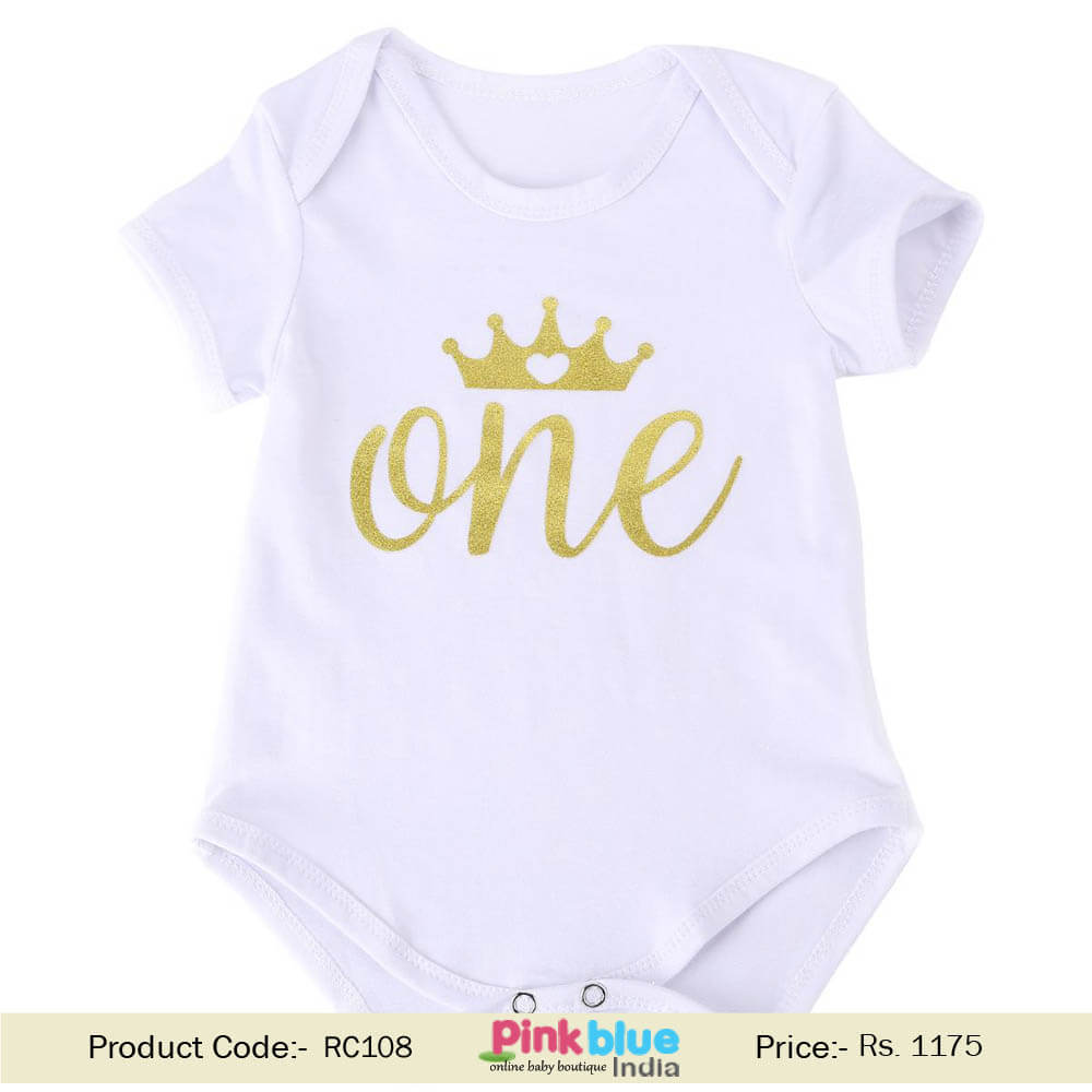 Newborn Infant Baby Girl First Birthday Onesie Bodysuit Gold Glitter One